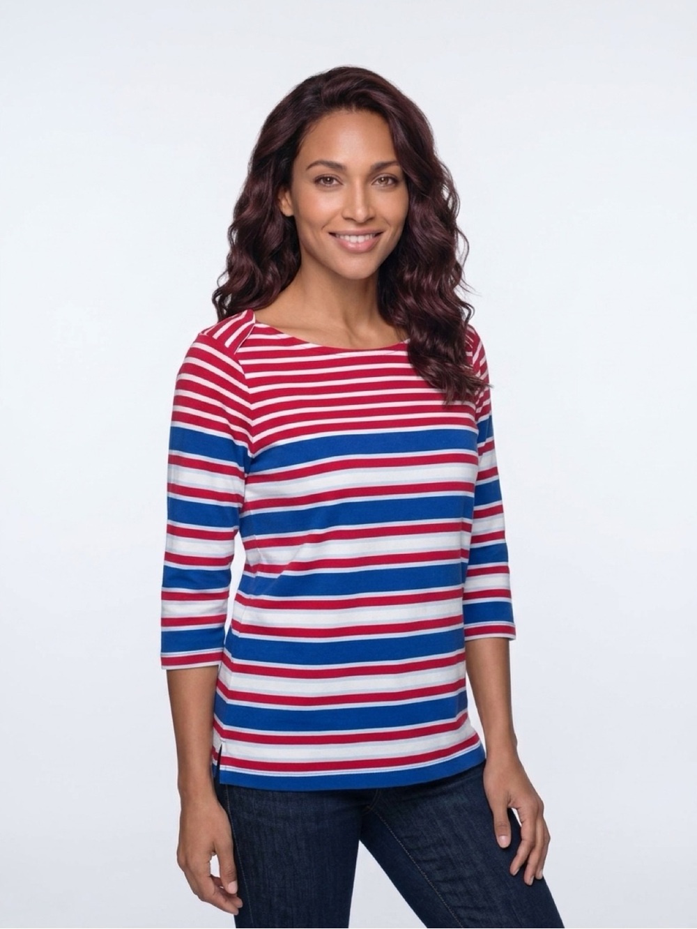 Denim & Co 3/4 Sleeve Placed Stripe Boat Neck Top